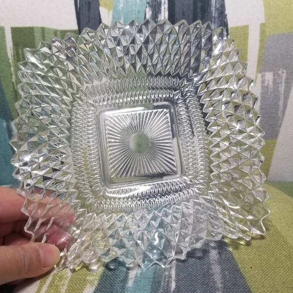 Vintage Indiana Glass Diamond Point Ruffle Edge Square Nut Candy Serving Dish - Picture 2 of 8